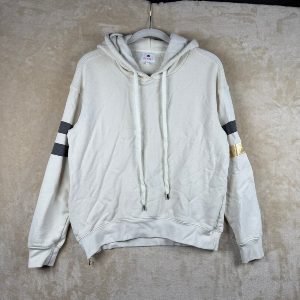 Sundry Womens Cream Cotton Side Zip Hoodie Gold Metallic Stripe Sz 1 Streetwear
